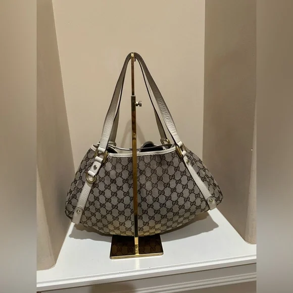 Authentic Gucci Abbey GG Brown Canvas White Leather Handbag - Picture 8 of 15